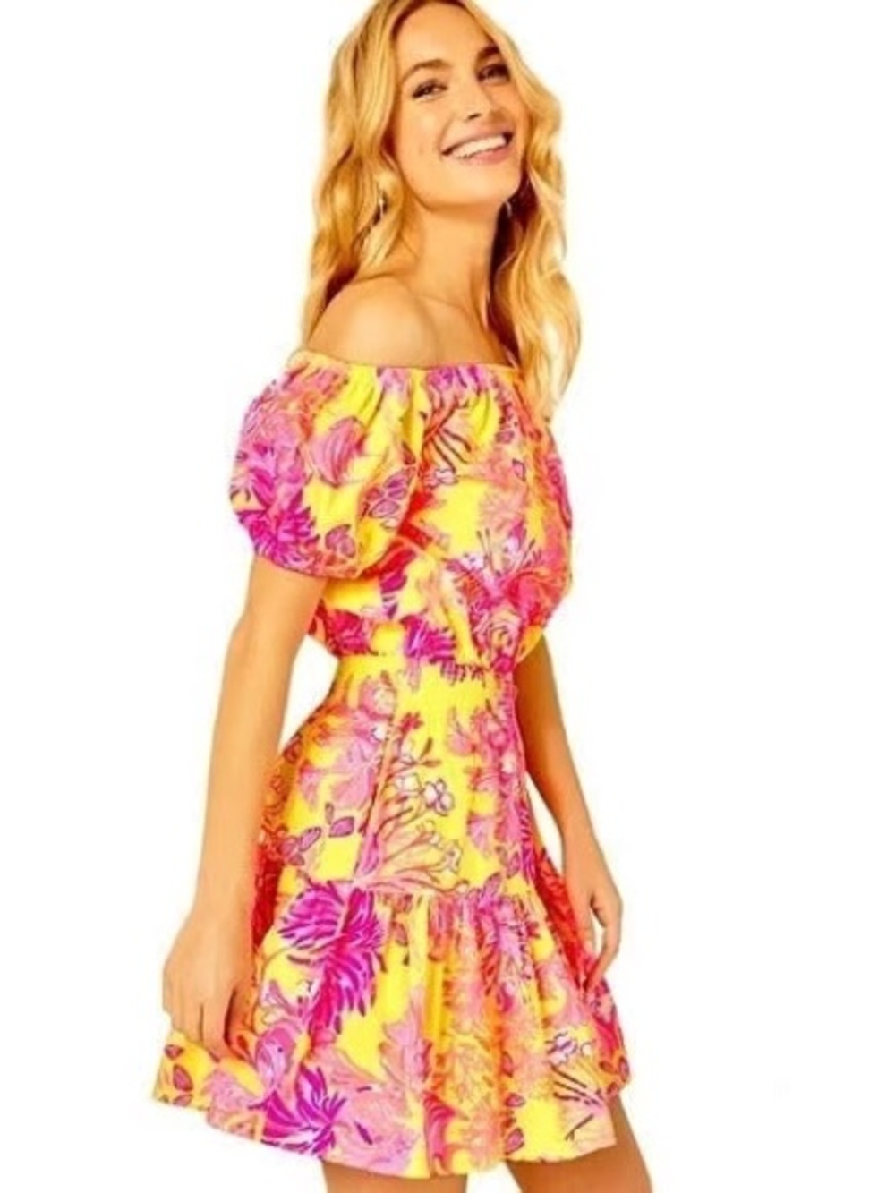 Lilly Pulitzer Jesiba Off-The-Shoulder Romper Calla Yellow Floral Coral
